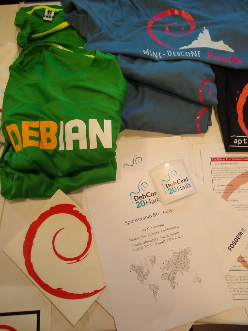 FOSDEM 2020 - Debian booth merchandise